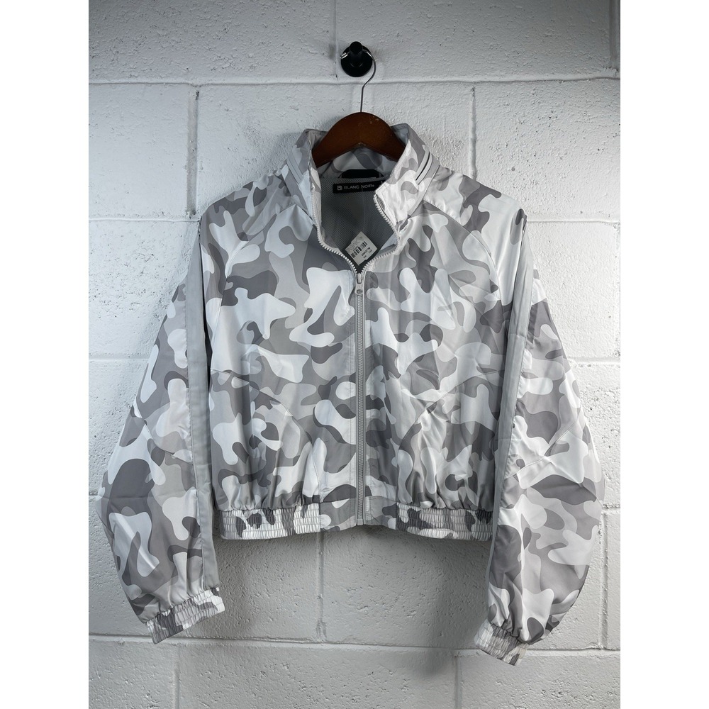 Blanc Noir Women's Grey Tempest Wind Camo Cropped Jacket With Hidden Hood s NWT
